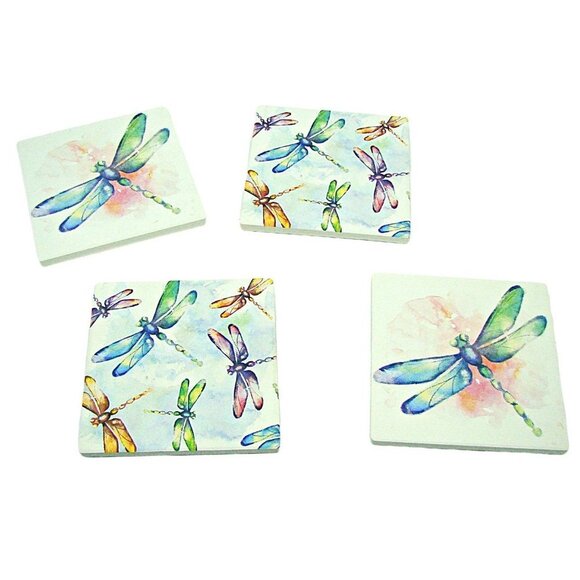 Set 4 Carson Dragonfly Pastel Watercolor Absorbent Stoneware Cork Back Coasters - Picture 1 of 11